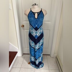 Chic Blue Patterned Halter Maxi Dress